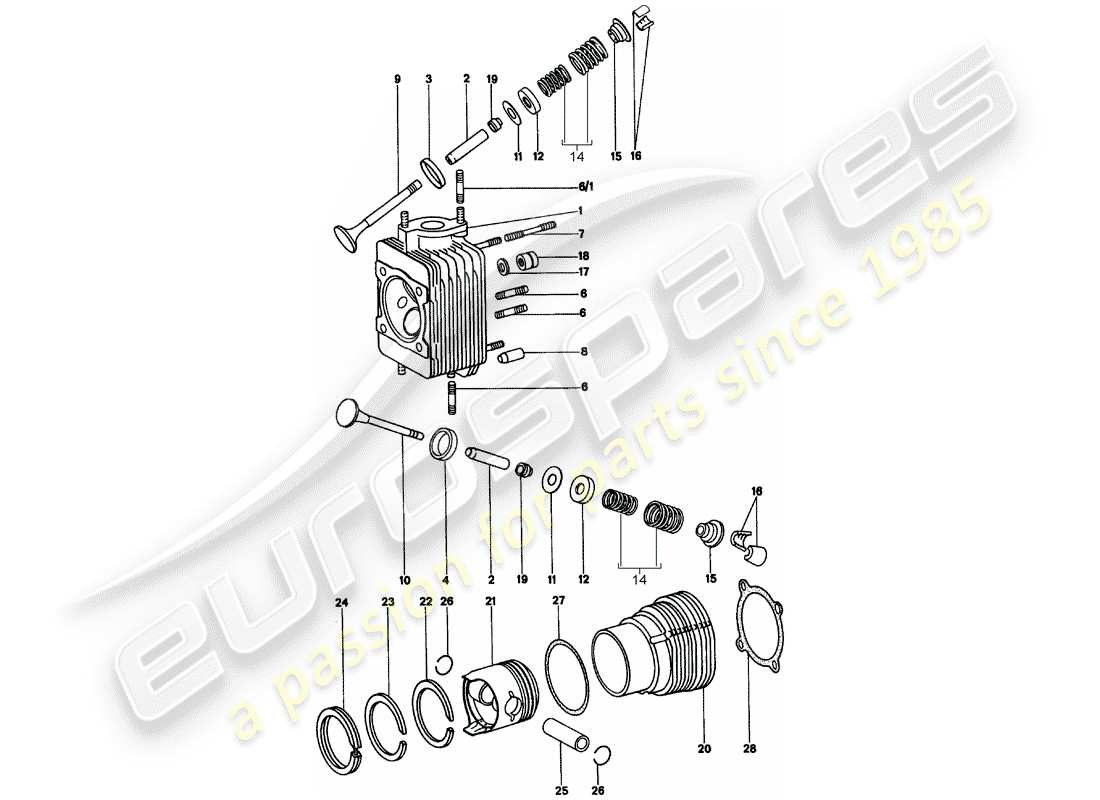 porsche 1975 (914) culata - cilindro con pistones diagrama de piezas