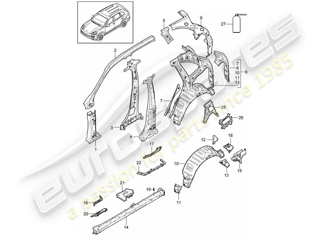 porsche 2011 (cayenne e2 92a) panel lateral diagrama de piezas