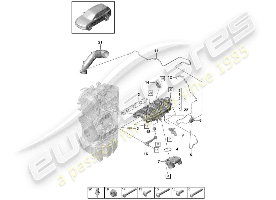 porsche 2020 (cayenne e3 9ya/9yb) diagrama de piezas del distribuidor de aire de admisión