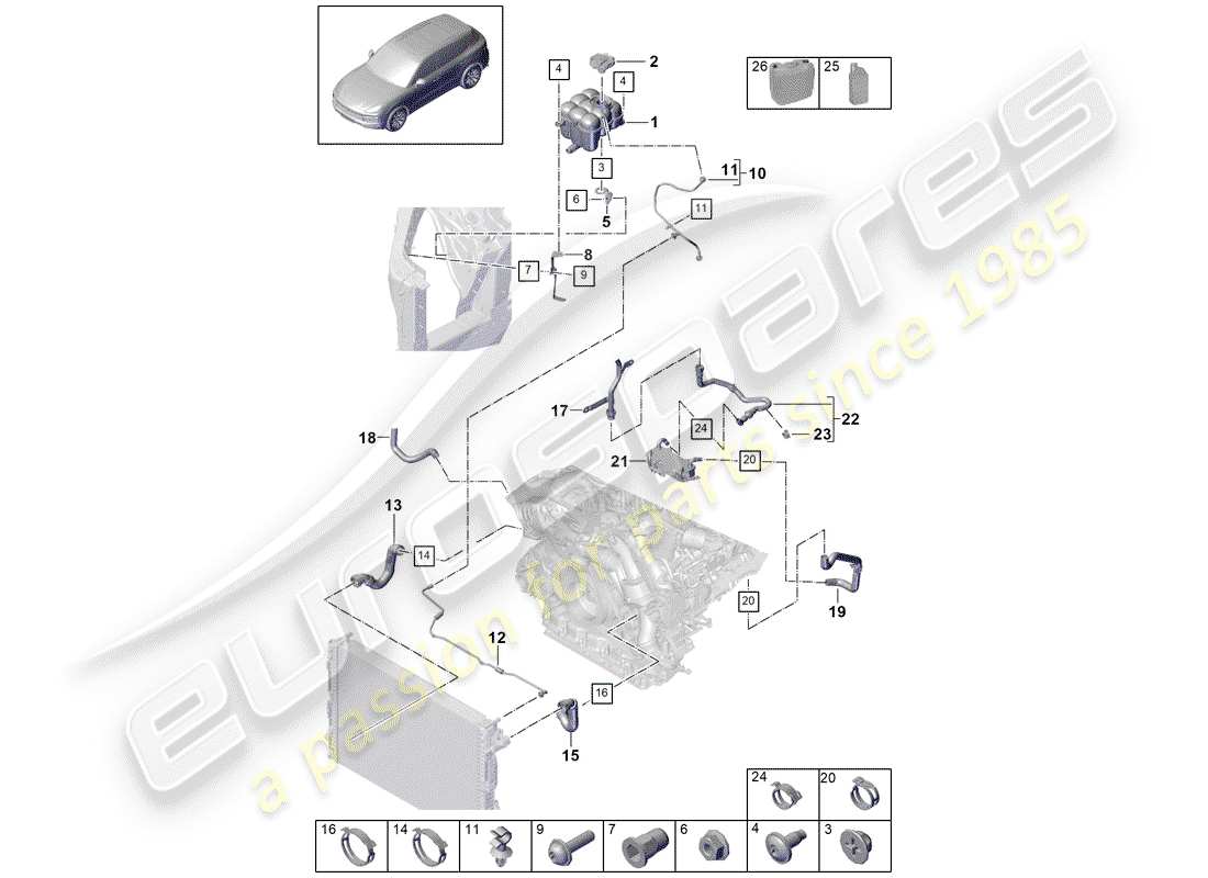 porsche 2020 (cayenne e3 9ya/9yb) diagrama de piezas de refrigeración por agua