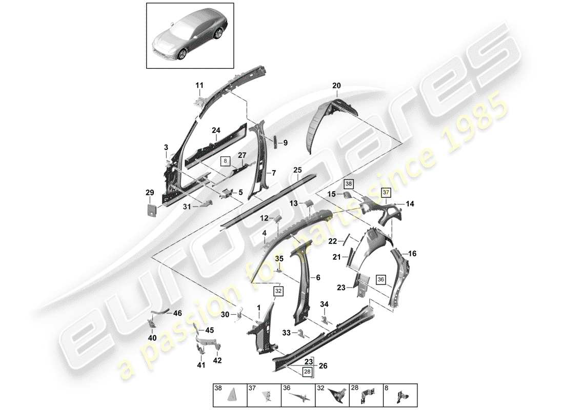 porsche 2017 (panamera 971-1) diagrama de piezas del panel lateral