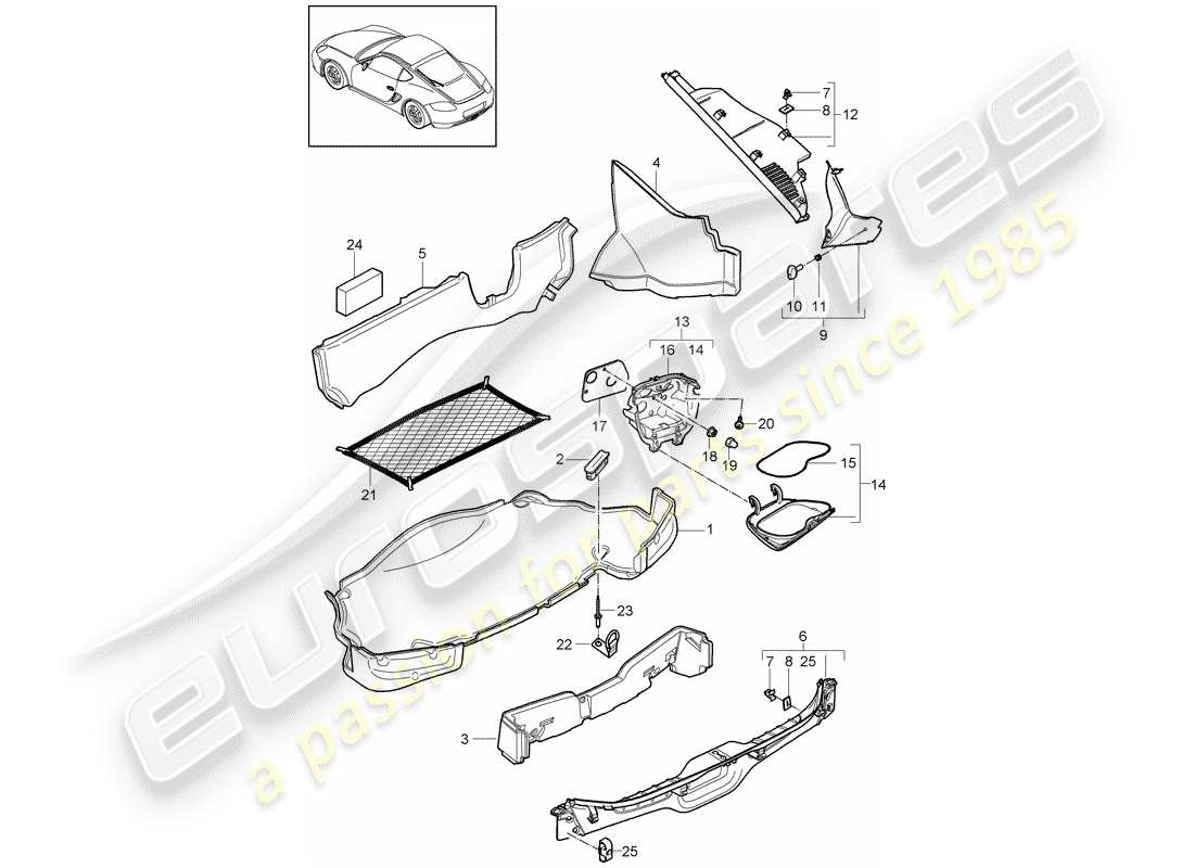 porsche 2012 (987 cayman) compartimiento de equipaje diagrama de piezas