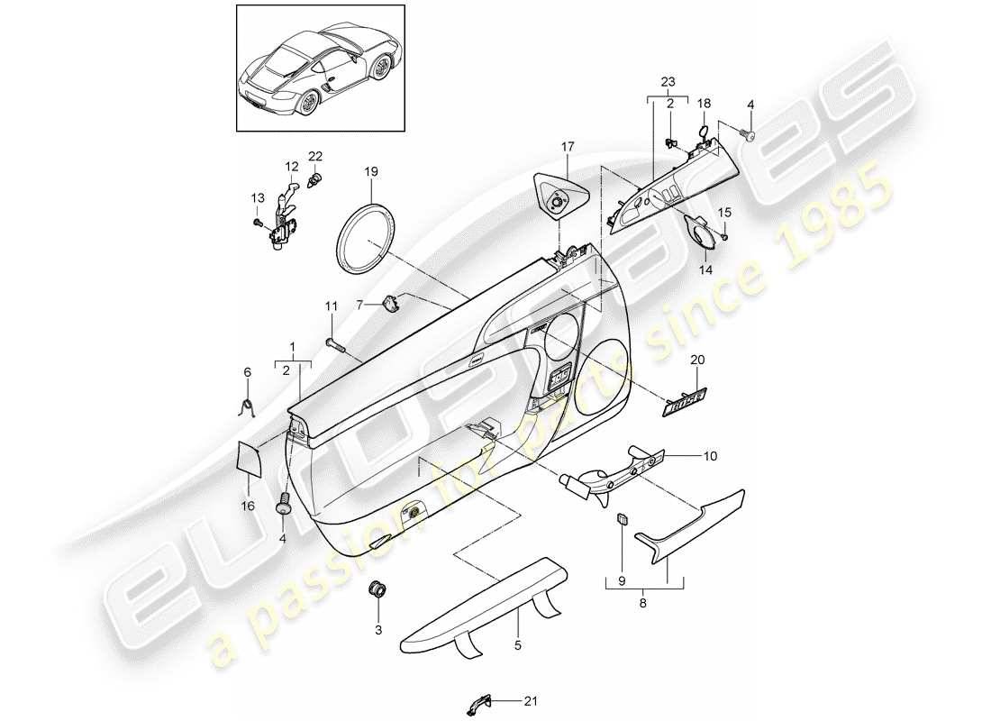 porsche 2012 (987 cayman) diagrama de piezas del panel de puerta