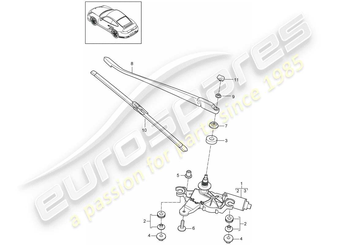 porsche 2013 (997-2 turbo / gt2 rs) diagrama de piezas del limpiaparabrisas trasero