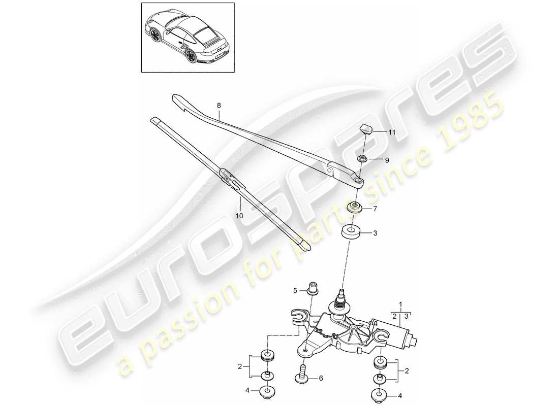 porsche 911 t/gt2rs (2013) diagrama de piezas del limpiaparabrisas trasero