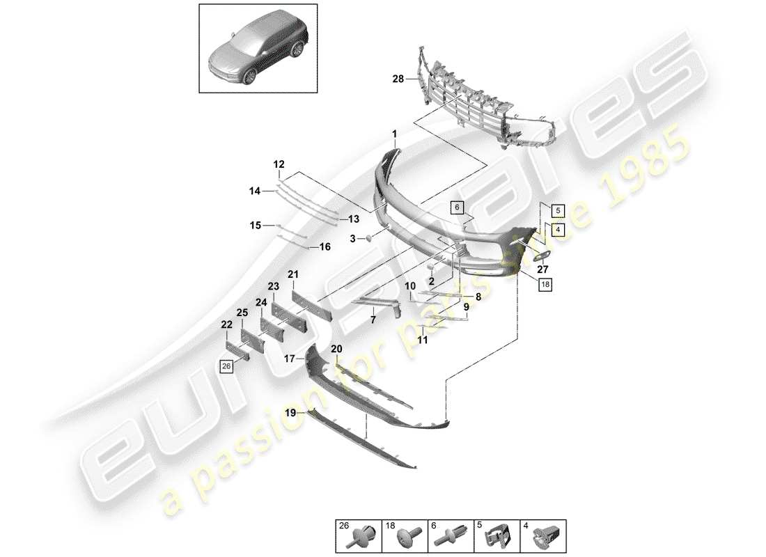 porsche 2019 (cayenne e3 9ya/9yb) diagrama de piezas del parachoques