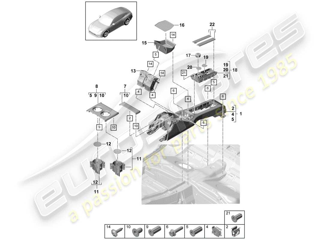 porsche panamera 971 (2017) center console diagrama de piezas