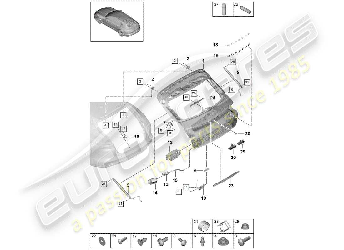 porsche 2020 (panamera 971-1) tapa del maletero trasero diagrama de piezas