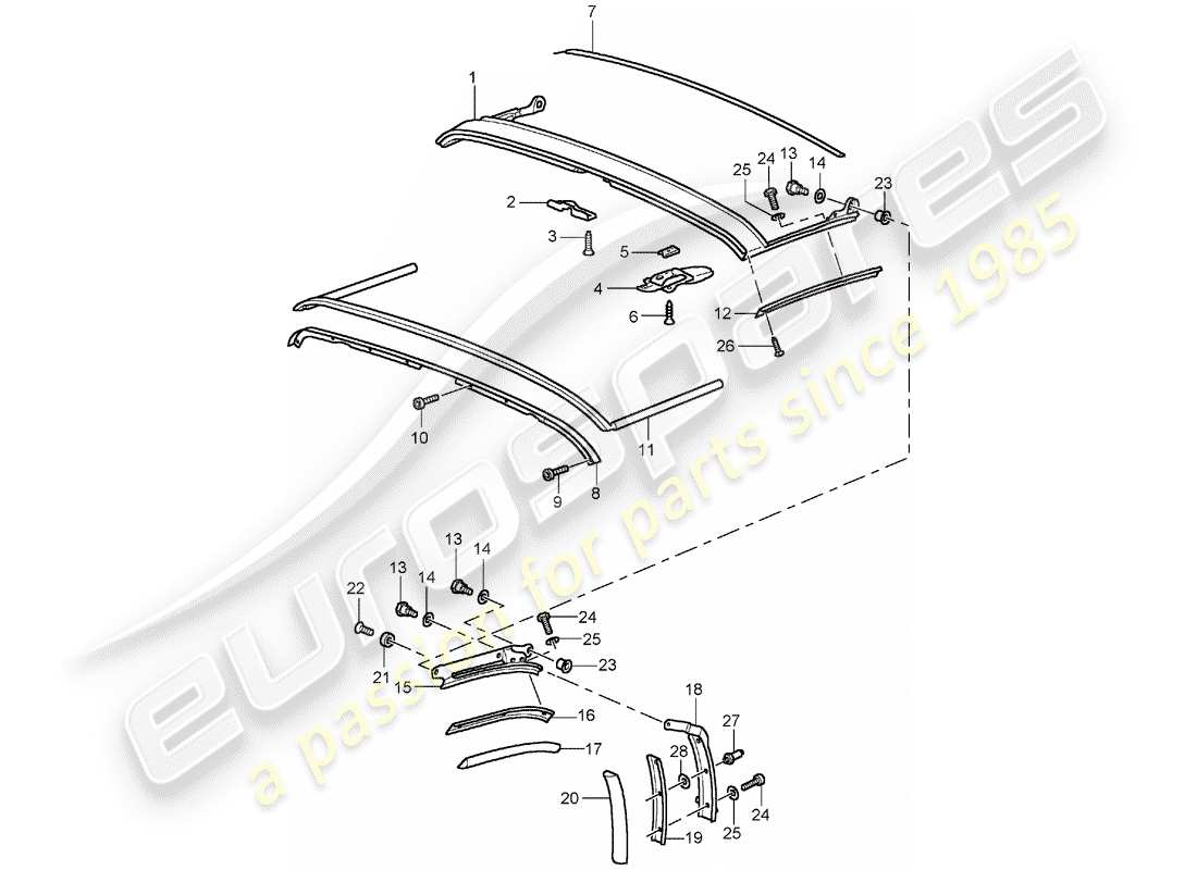 porsche 1994 (964) parte superior plegable - tira de sello - marco del techo diagrama de piezas