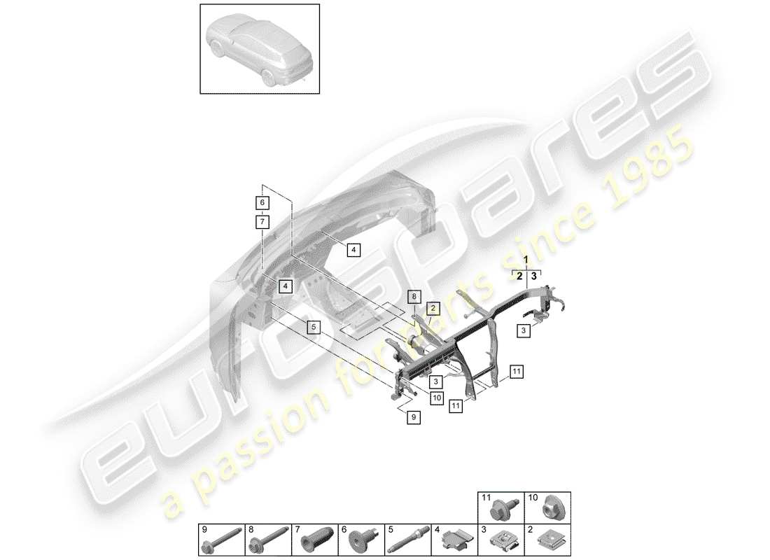 porsche 2019 (cayenne e3 9ya/9yb) marco de retención diagrama de piezas