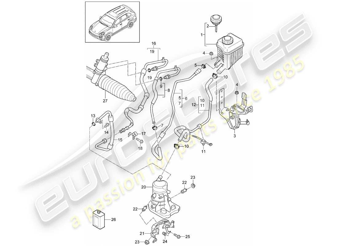porsche 2016 (cayenne e2 92a) diagrama de piezas de la dirección asistida