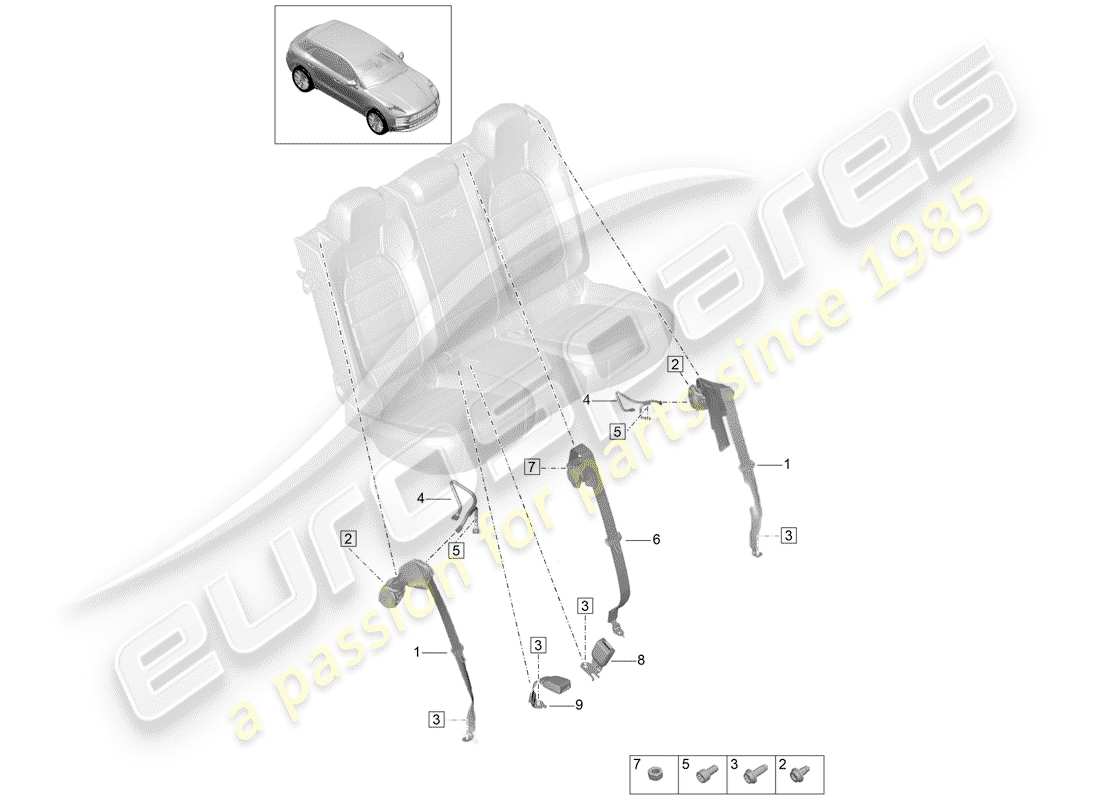 porsche 2019 (macan) cinturón de seguridad de tres puntos diagrama de piezas
