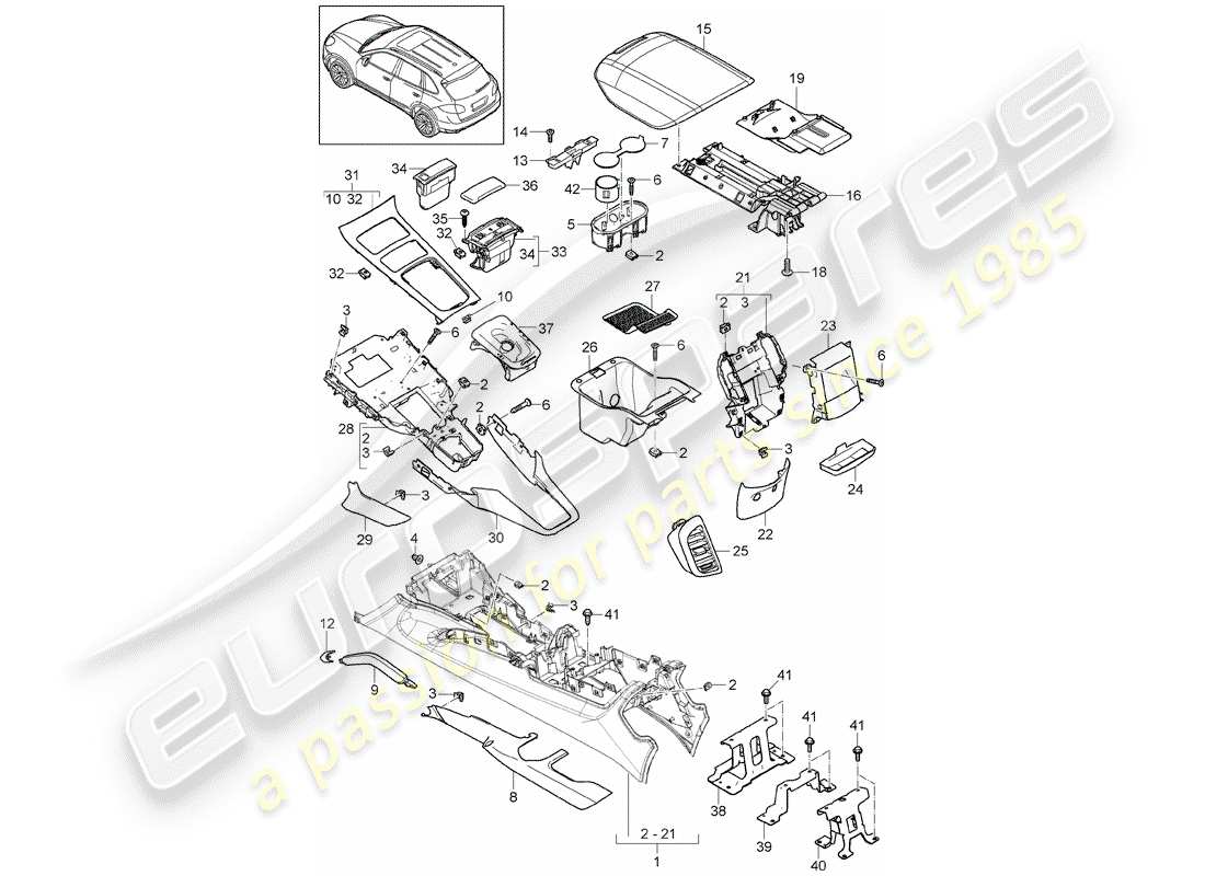 porsche 2013 (cayenne e2 92a) center console diagrama de piezas