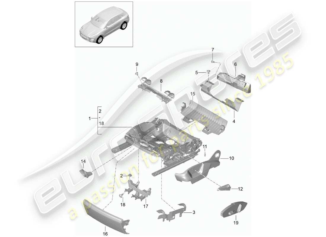 porsche 2016 (macan) diagrama de piezas del marco del asiento