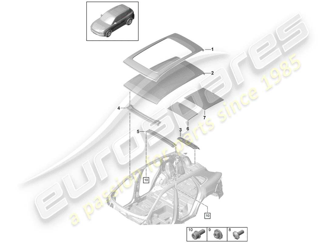 porsche 2019 (cayenne e3 9ya/9yb) techo diagrama de piezas