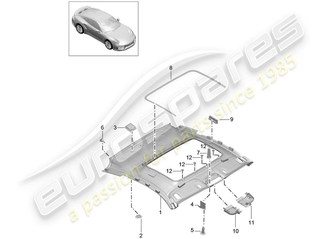 porsche 991 turbo (2019) diagrama de piezas del panel de acabado del techo