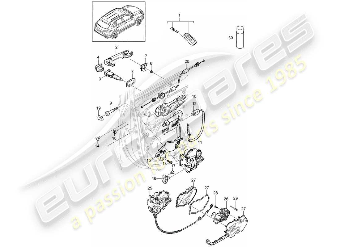 porsche cayenne e2 (2014) diagrama de piezas de la manija de la puerta