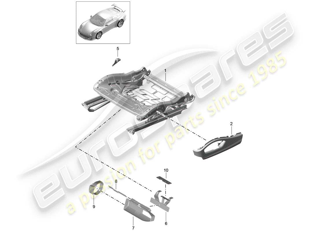 porsche 2017 (991-2 r/gt3/rs) diagrama de piezas del marco del asiento