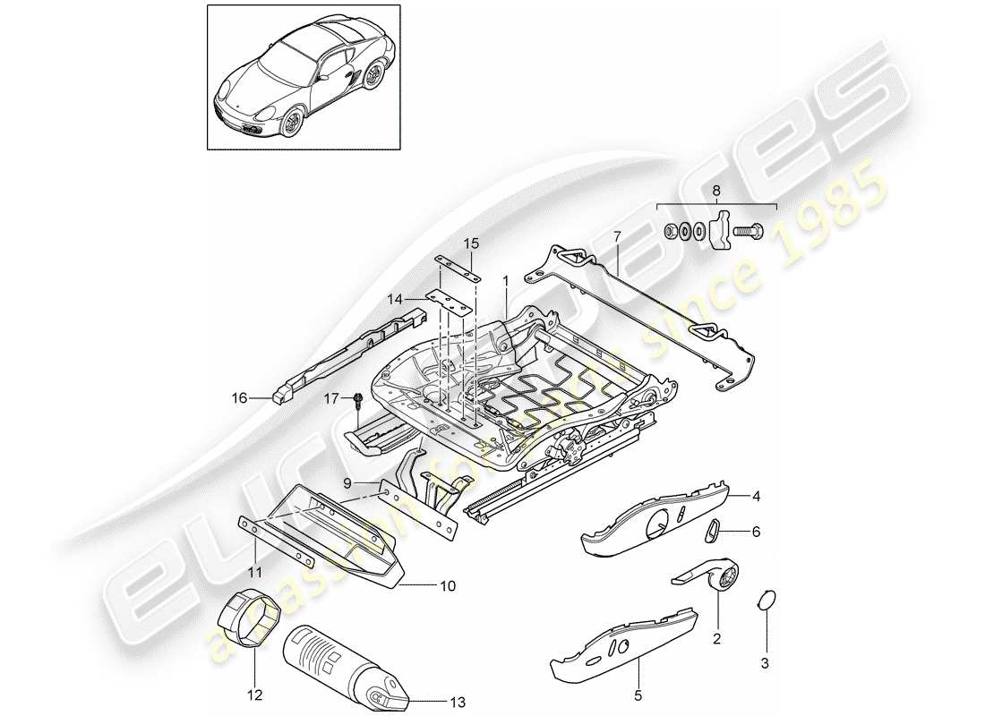 porsche 2012 (987 cayman) diagrama de piezas del marco del asiento