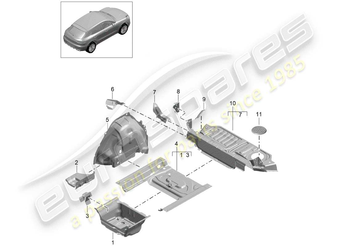 porsche 2019 (macan) diagrama de piezas del pan de piso