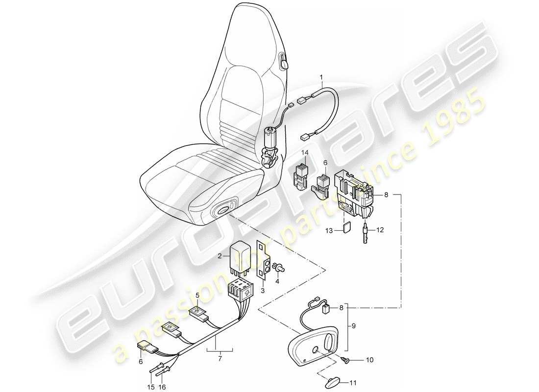 porsche 2005 (996) arneses de cableado - interruptor - asiento estándar - asiento deportivo diagrama de piezas