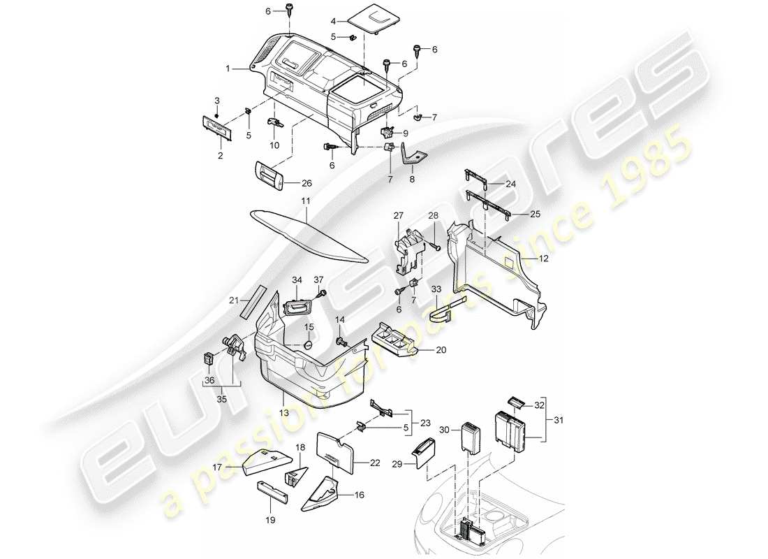 porsche 2009 997-2 turbo / gt2 compartimiento de equipaje diagrama de piezas