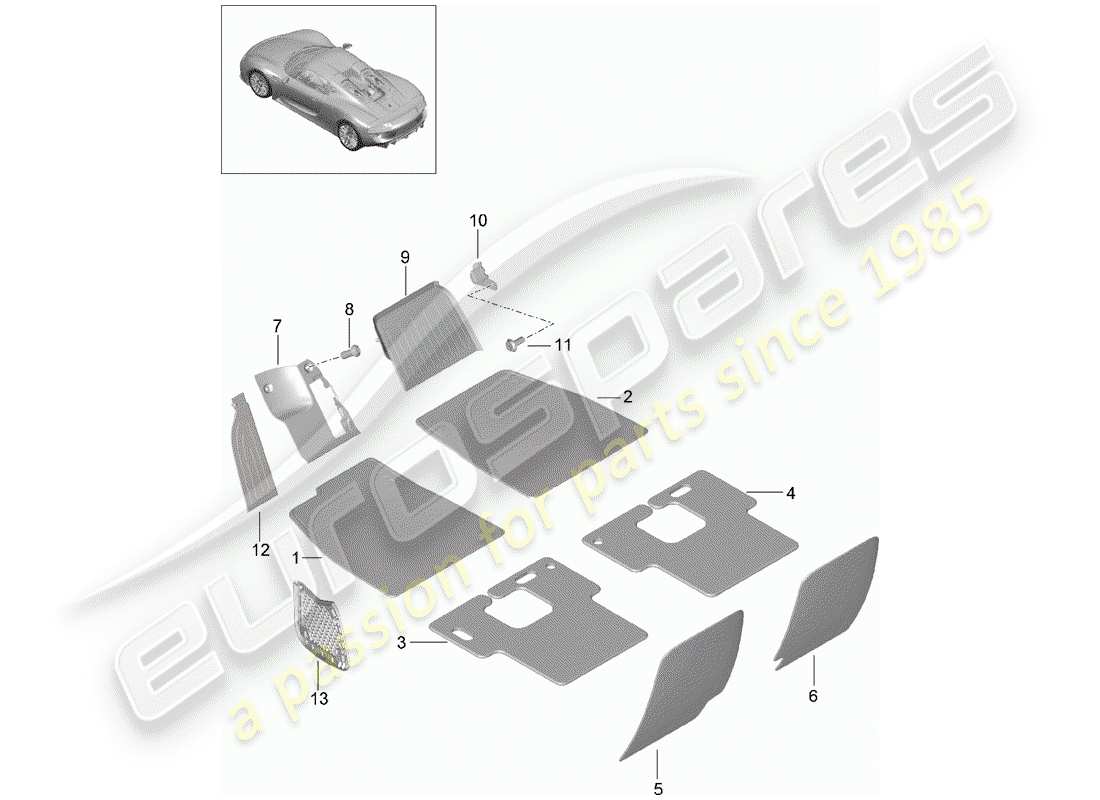 porsche 2015 (918 spyder) diagrama de piezas del espacio para los pies