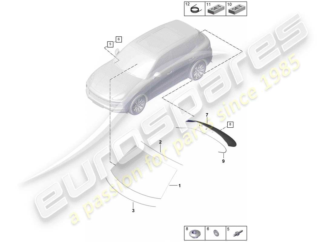 porsche 2019 (cayenne e3 9ya/9yb) vidrio del parabrisas diagrama de piezas