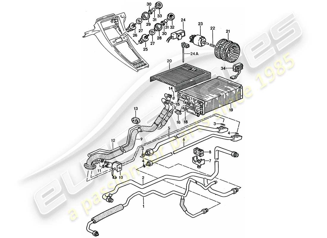 porsche 1993 (928) aire acondicionado auxiliar - líneas diagrama de piezas