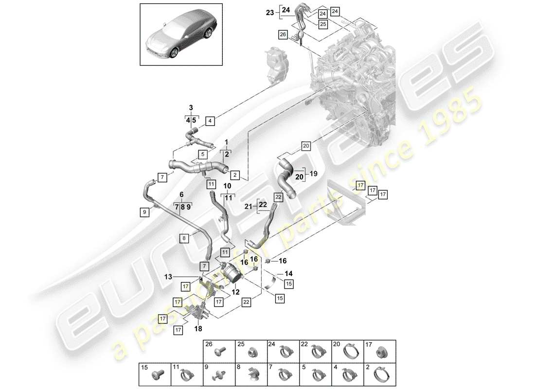 porsche 2017 (panamera 971-1) diagrama de piezas de refrigeración por agua