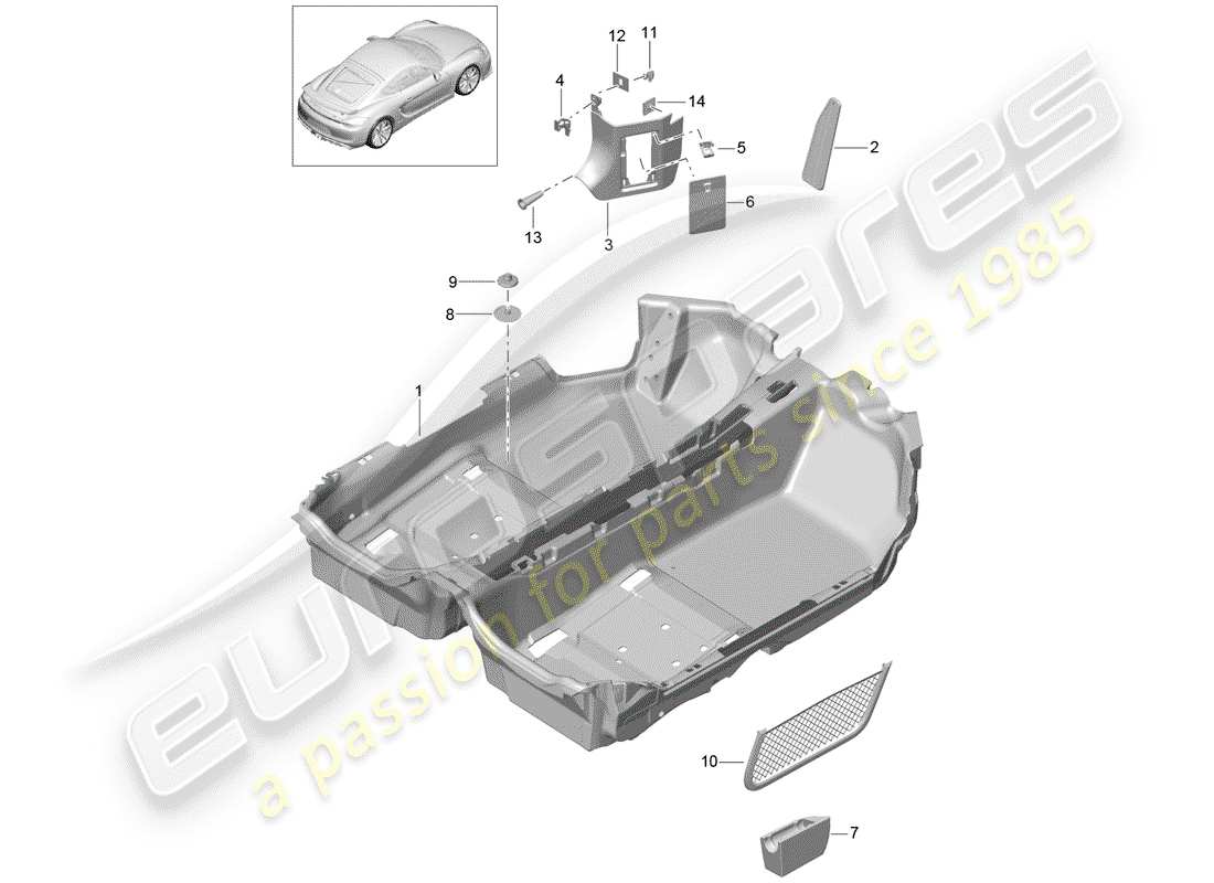 porsche 2016 (981 cayman gt4) cubierta de piso diagrama de piezas