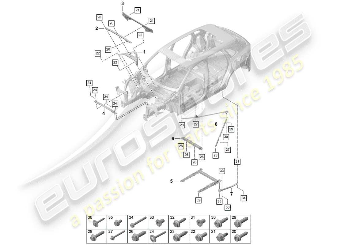 porsche 2019 (cayenne e3 9ya/9yb) puntal de domo diagrama de piezas