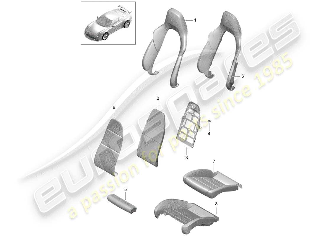 porsche 2018 (991-2 r/gt3/rs) parte de espuma diagrama de piezas