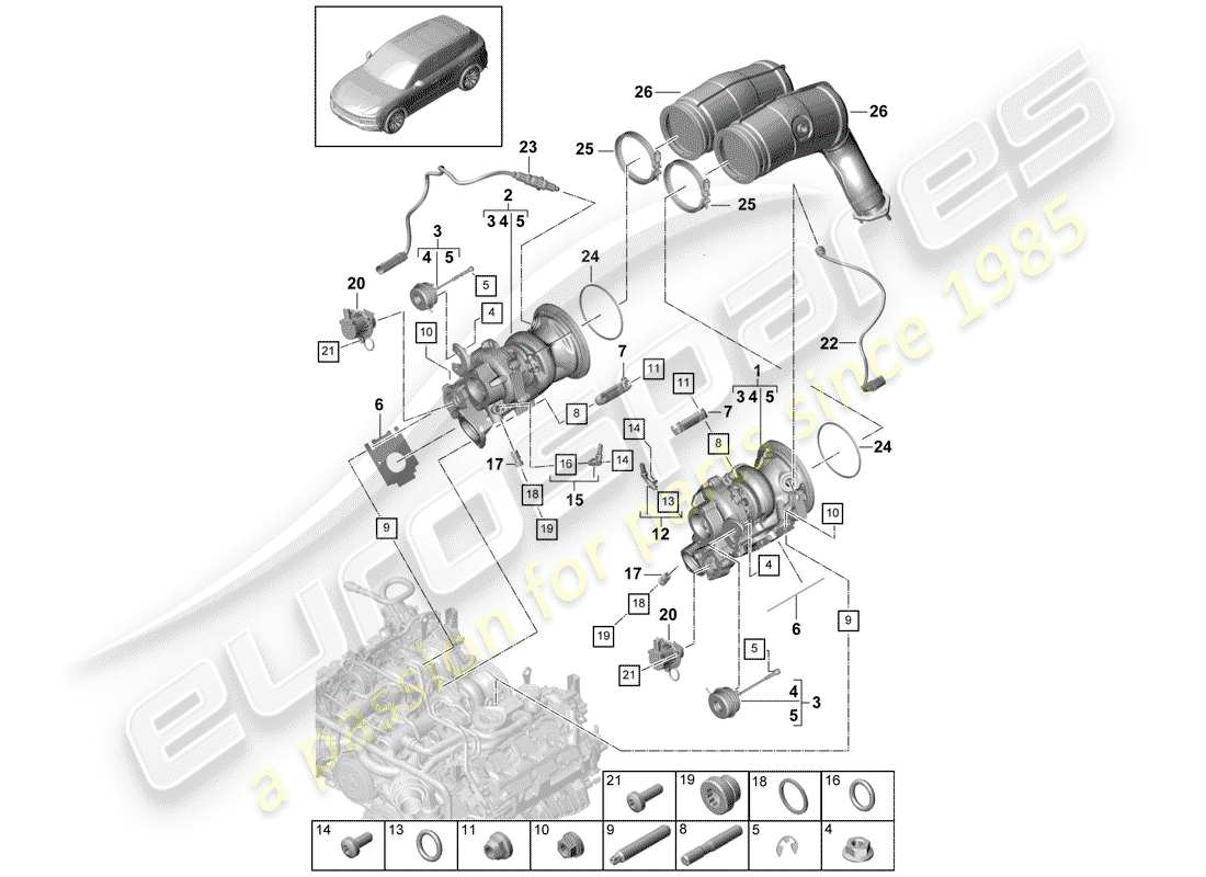 porsche cayenne e3 (2018) diagrama de piezas del turbocompresor de gas de escape
