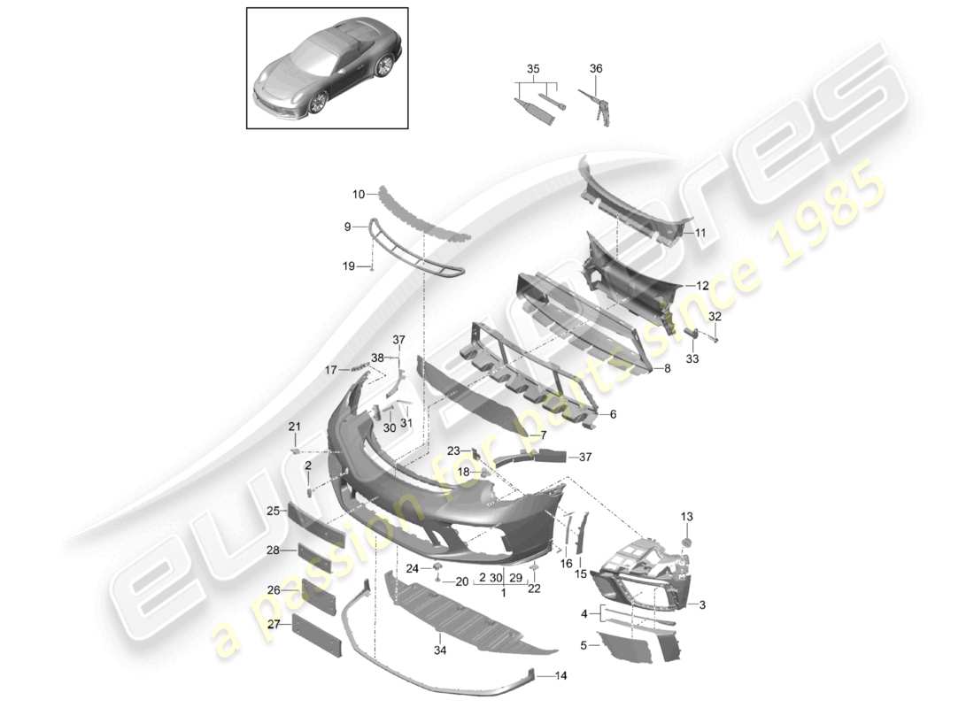 porsche 2020 (991-2 r/gt3/rs) alerón delantero del parachoques diagrama de piezas