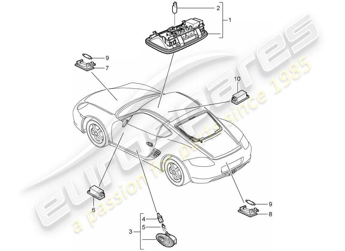porsche 2009 (987 cayman) luces interiores diagrama de piezas