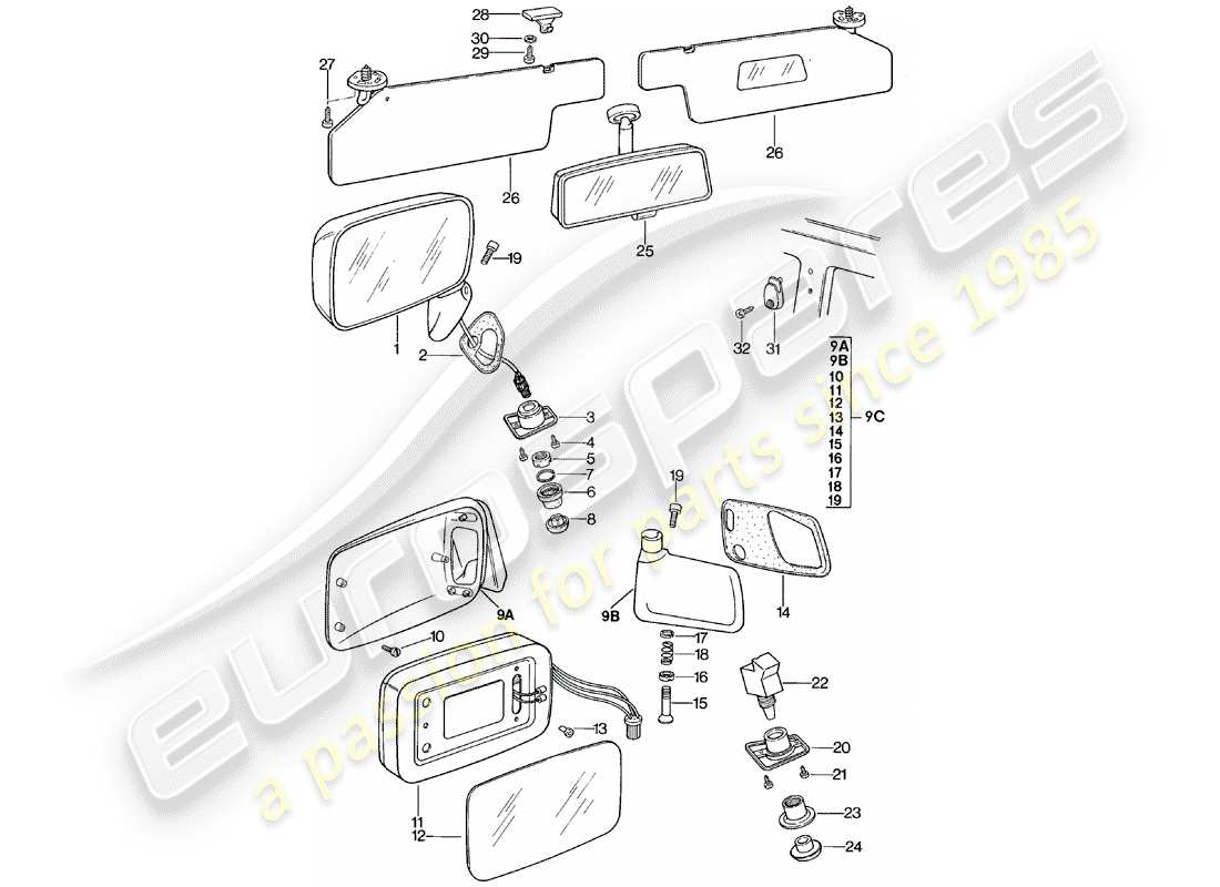 porsche 1981 (924) espejo retrovisor - espejo retrovisor interior - visor solar diagrama de piezas