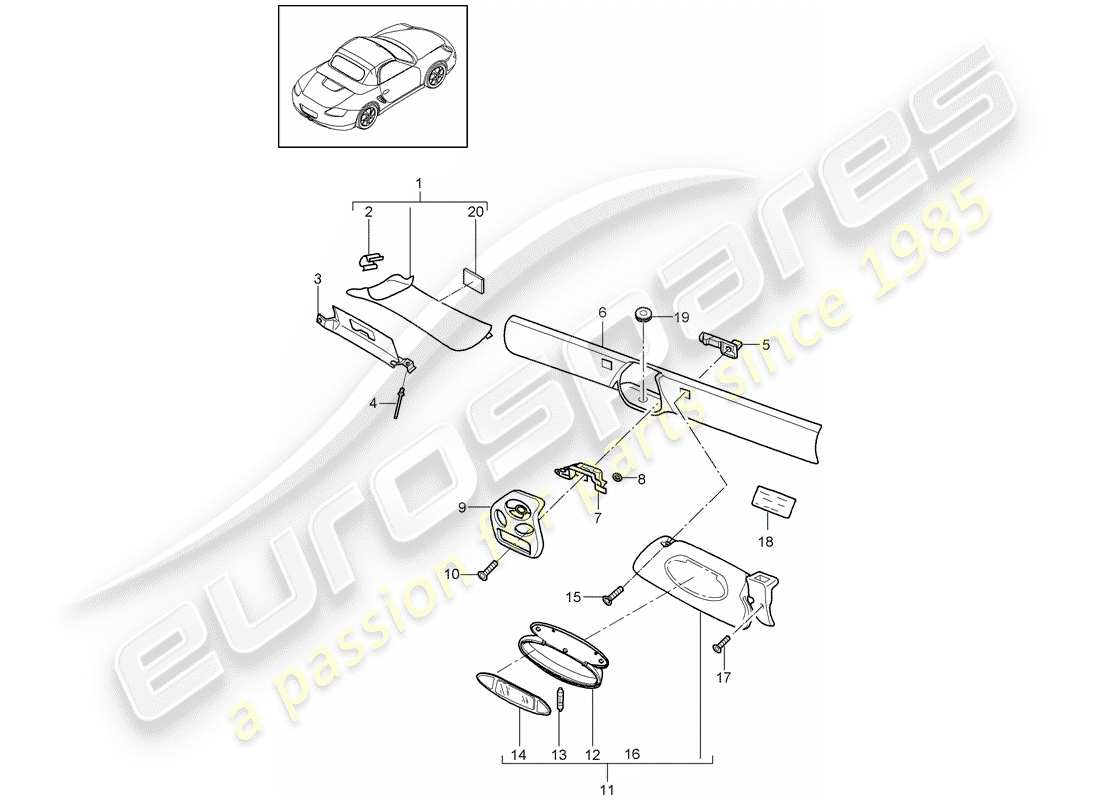 porsche 2006 (987 boxster) marco del parabrisas diagrama de piezas