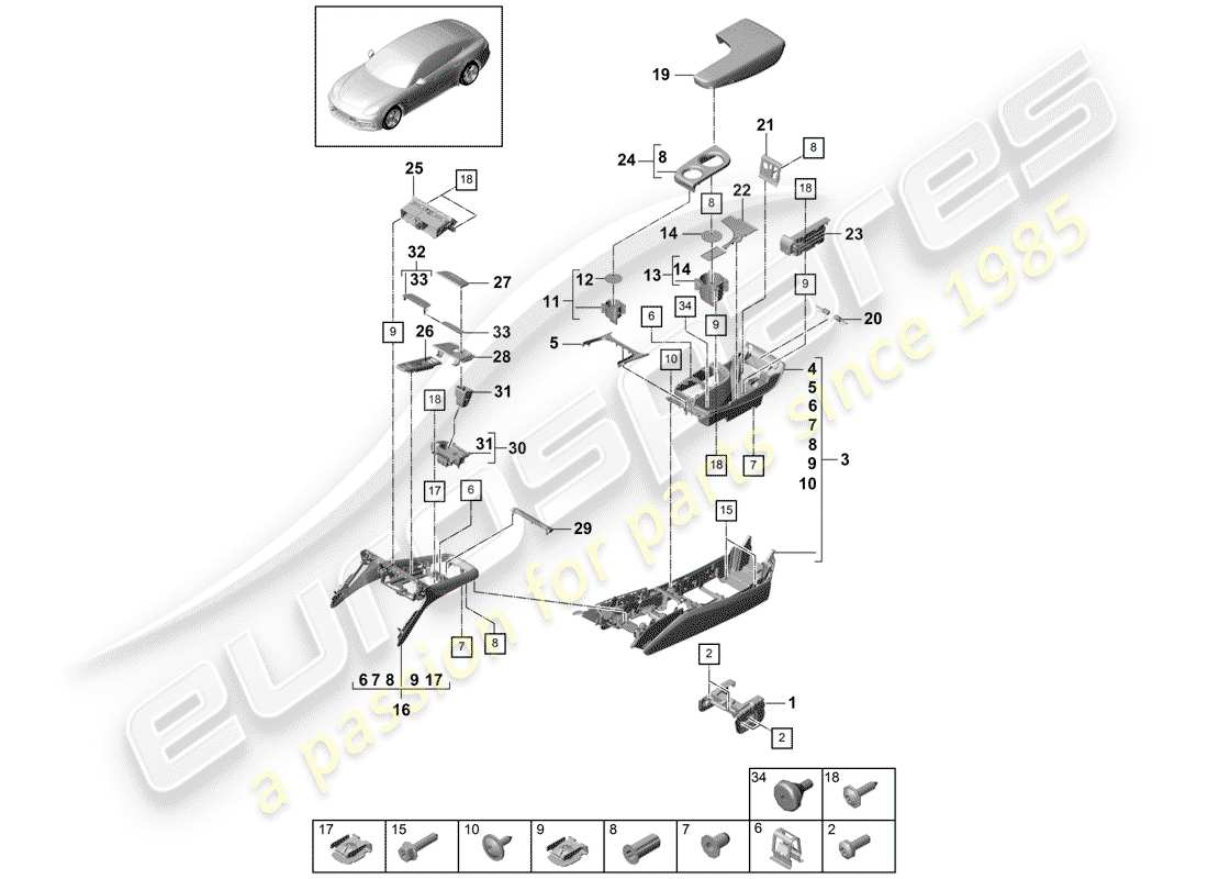 porsche panamera 971 (2017) center console diagrama de piezas