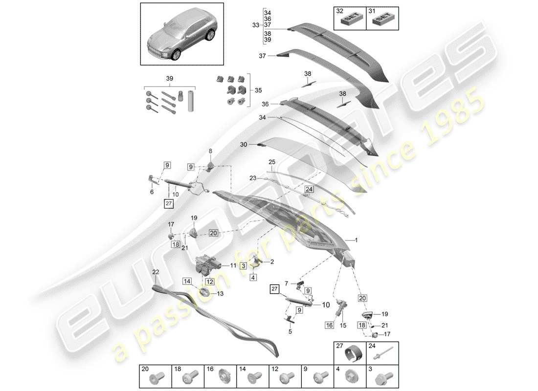 porsche 2019 (macan) diagrama de piezas de la tapa del maletero trasero