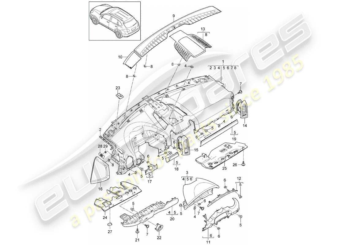 porsche cayenne e2 (2014) diagrama de piezas del embellecedor del panel de instrumentos