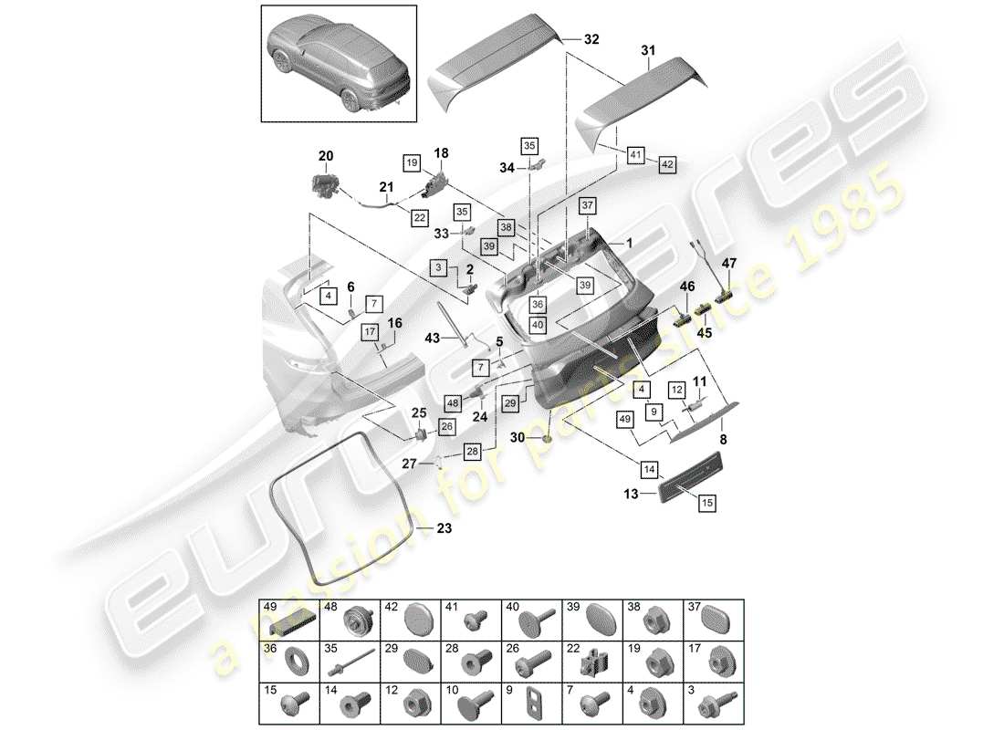 porsche 2019 (cayenne e3 9ya/9yb) tapa del maletero trasero diagrama de piezas