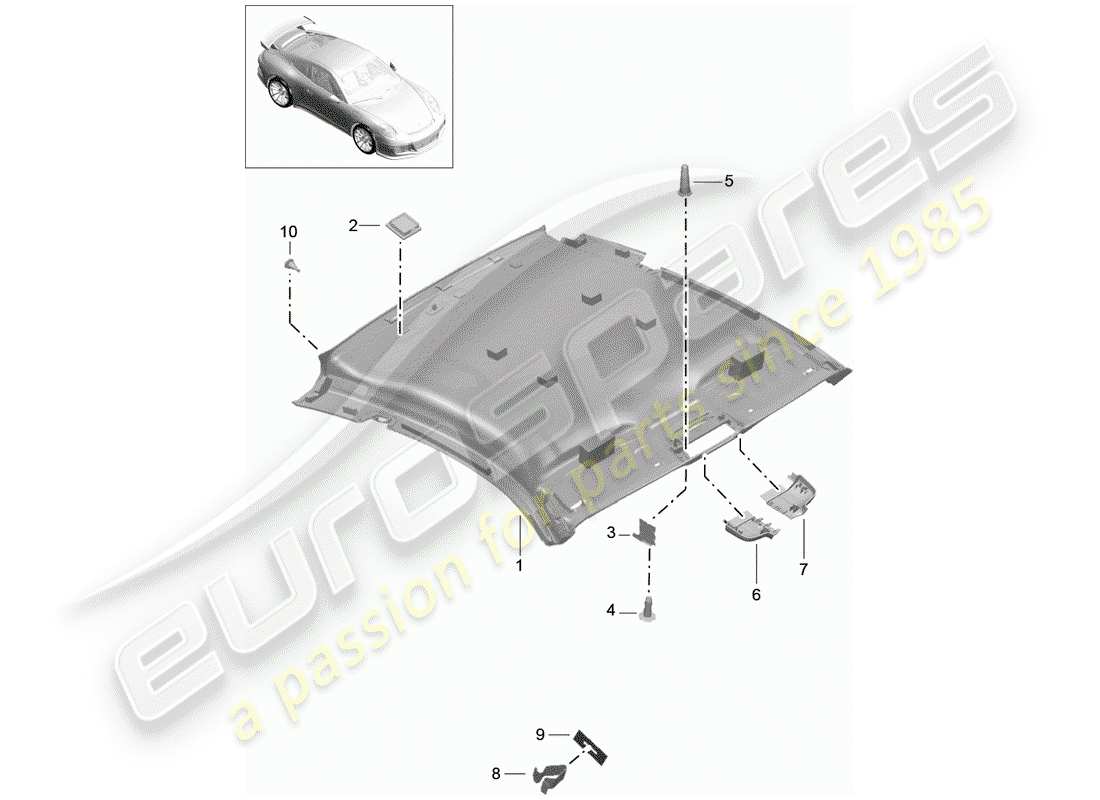 porsche 2016 (991-1 r/gt3/rs) panel de adorno de techo diagrama de piezas