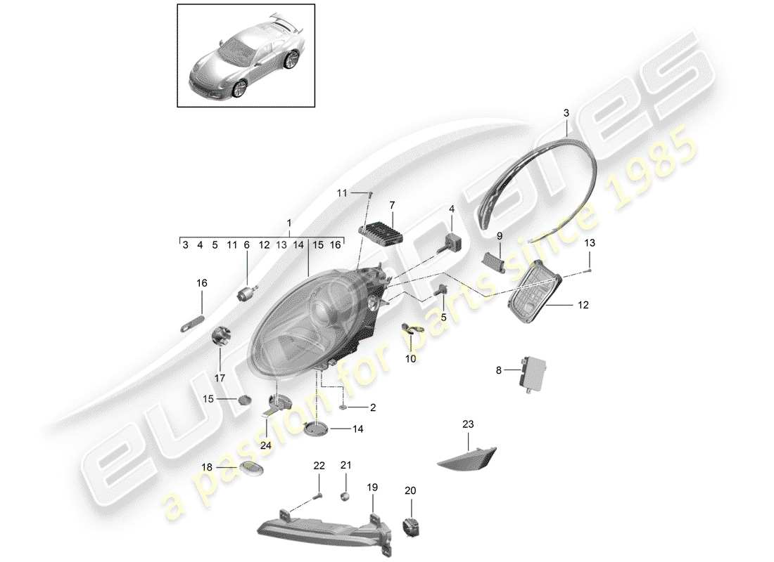porsche 2017 (991-2 r/gt3/rs) diagrama de piezas del faro