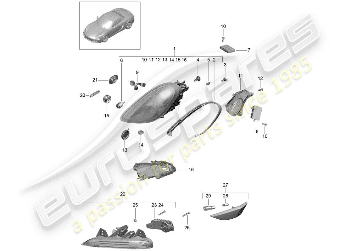 porsche 2013 (981 boxster) lámpara de cabeza diagrama de piezas