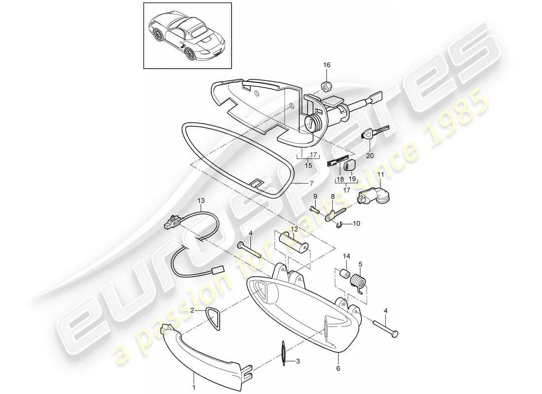 porsche 2011 (987 boxster) diagrama de piezas de la manija de la puerta