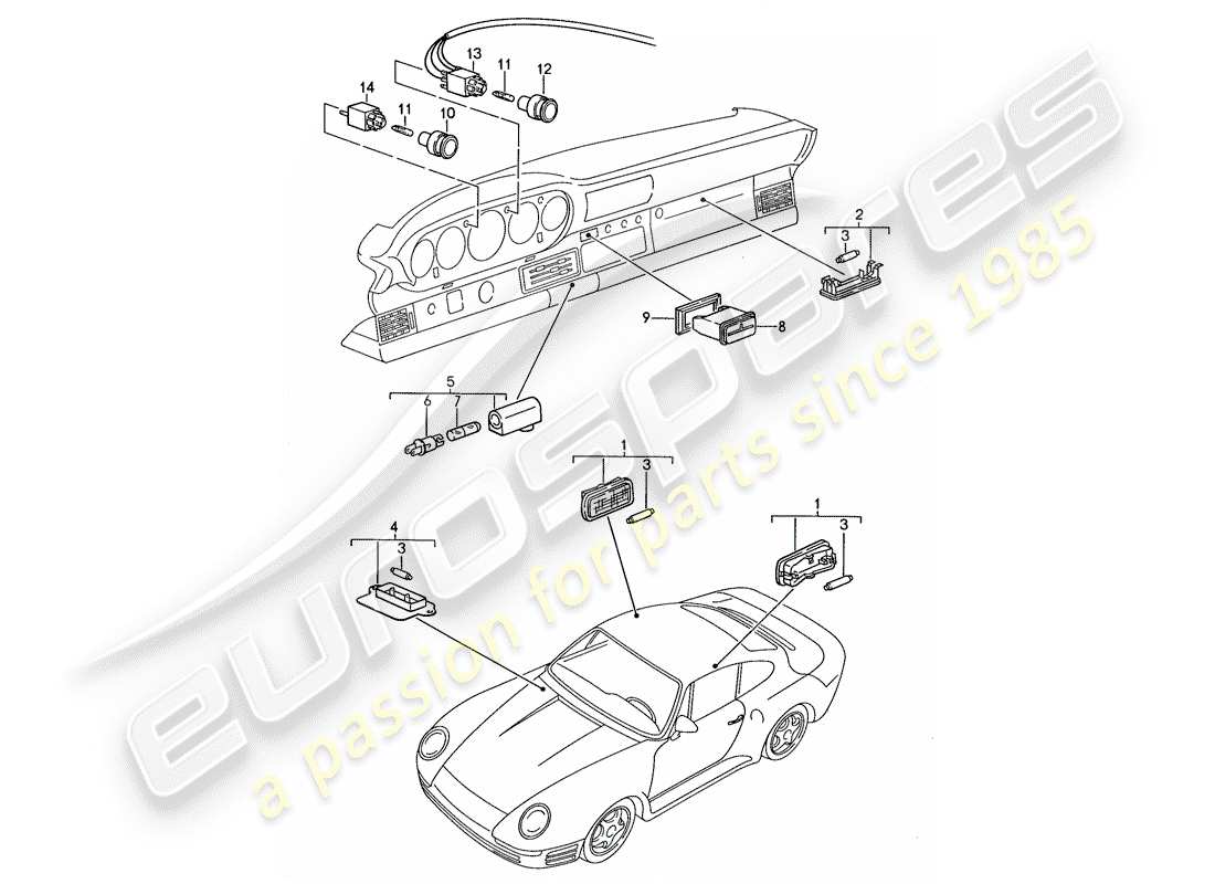 porsche 1988 (959) luces de advertencia - luces interiores diagrama de piezas