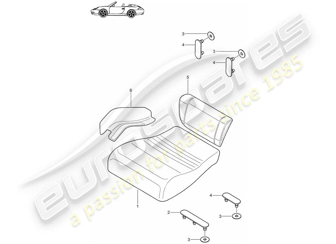 porsche 1999 (996) cojín del asiento trasero - asiento de emergencia diagrama de piezas