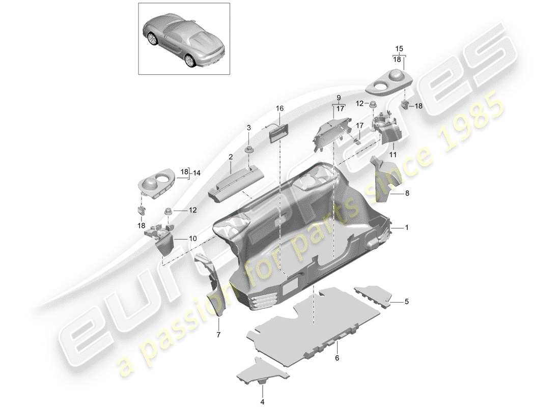 porsche 2016 (981 boxster spyder) diagrama de piezas del compartimiento de equipaje