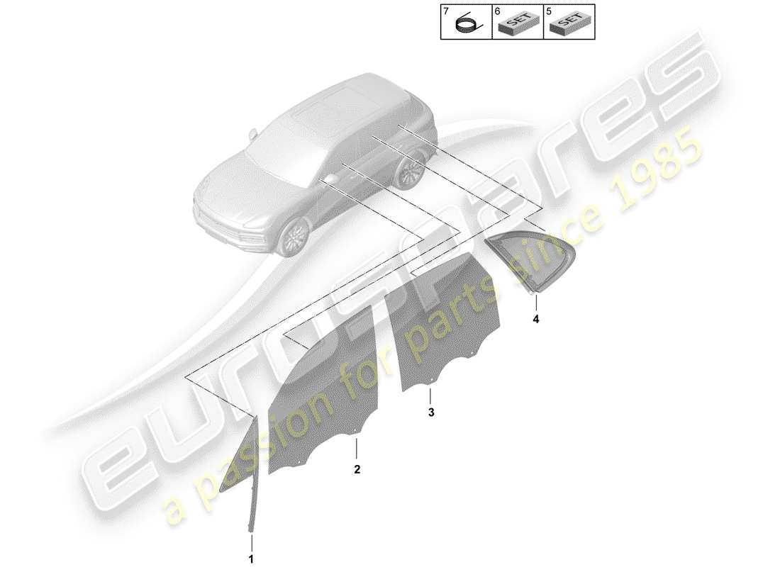 porsche 2019 (cayenne e3 9ya/9yb) diagrama de piezas de la ventana lateral